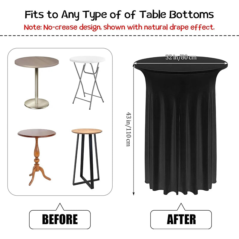 Black stretch spandex cocktail tablecloth shown before and after fitting on various table bottoms.