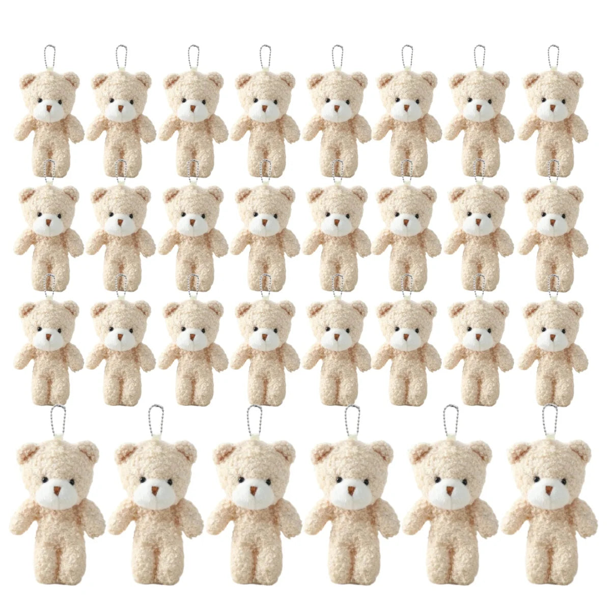 A set of mini plush teddy bear keychains in a light beige color.