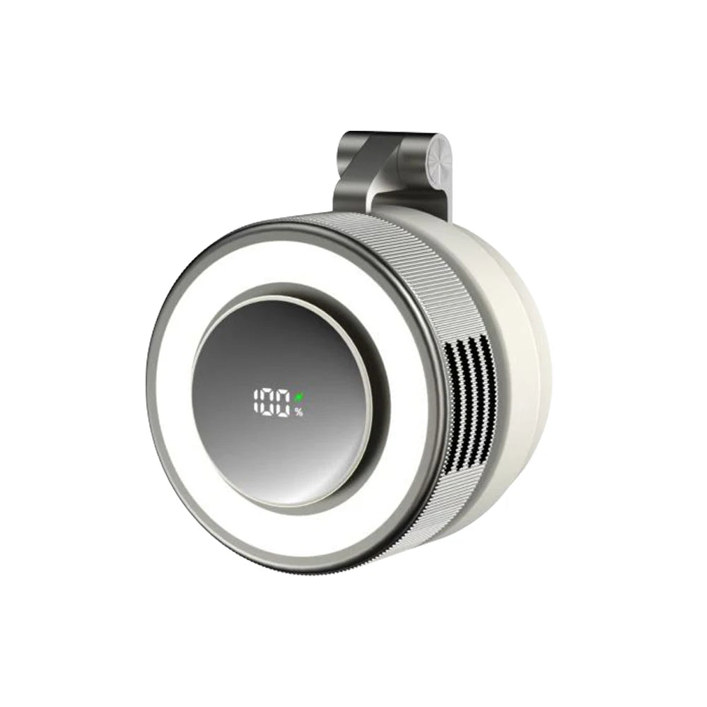 A silver magnetic bladeless handheld fan with a round grille and a metallic housing.
