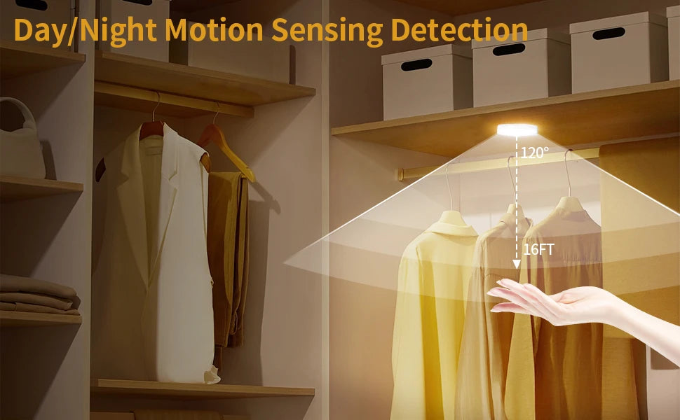 Day/Night motion sensing detection light illuminating clothing on a hanger.