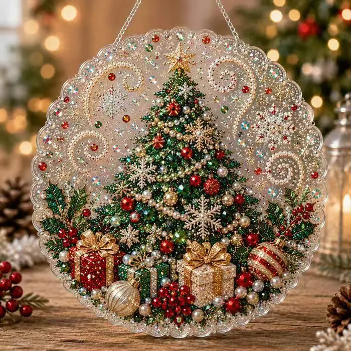 Round clear acrylic ornament featuring a glittering Christmas tree covered in red and green jewels and gold accents