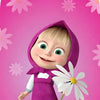 A cute illustration of a girl character wearing a purple outfit and hood, set against a pink background with floral accents.
