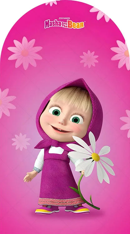 A cute illustration of a girl character wearing a purple outfit and hood, set against a pink background with floral accents.