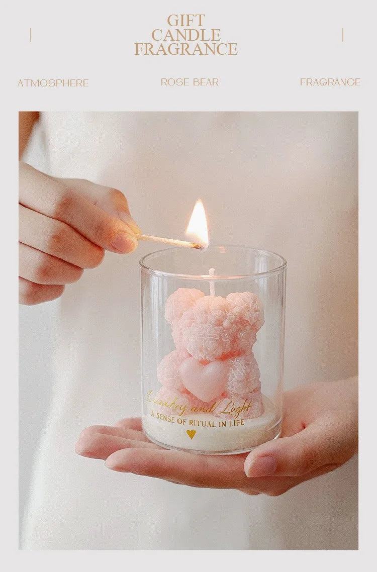Rose Bear Scented Soy Wax Candle in Glass Cup
