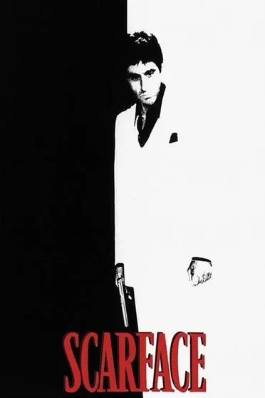 Portrait en noir et blanc d'un acteur, probablement du film Scarface, présenté comme œuvre d'art sur toile.