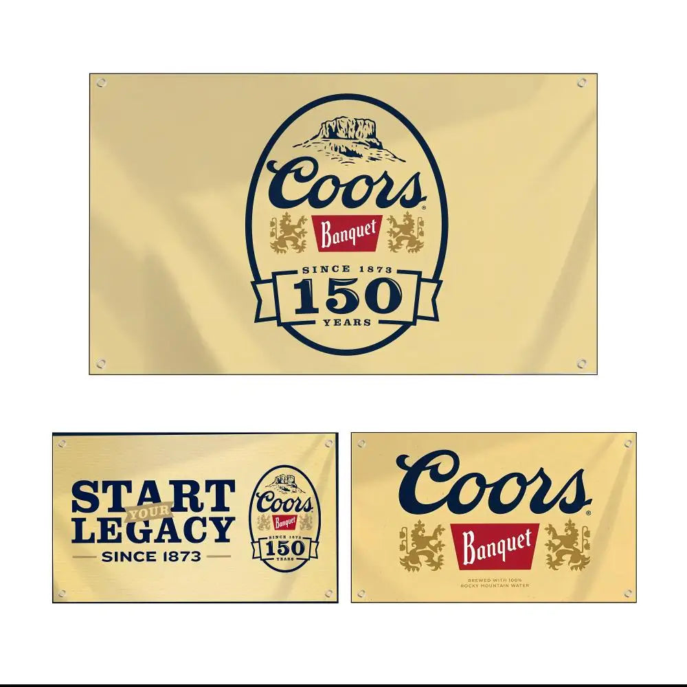 A rectangular gold banner featuring the Coors Banquet logo with text indicating 150 years since 1873.