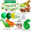 A dinosaur party kit featuring a banner, foil balloons in various colors, and a large dinosaur figure.