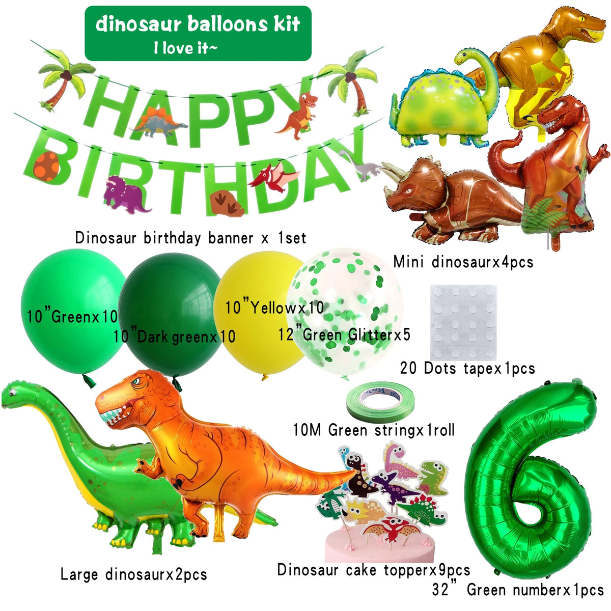 A dinosaur party kit featuring a banner, foil balloons in various colors, and a large dinosaur figure.