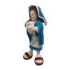 A plush doll representing a religious icon with long dark hair wearing a blue robe and holding a baby.