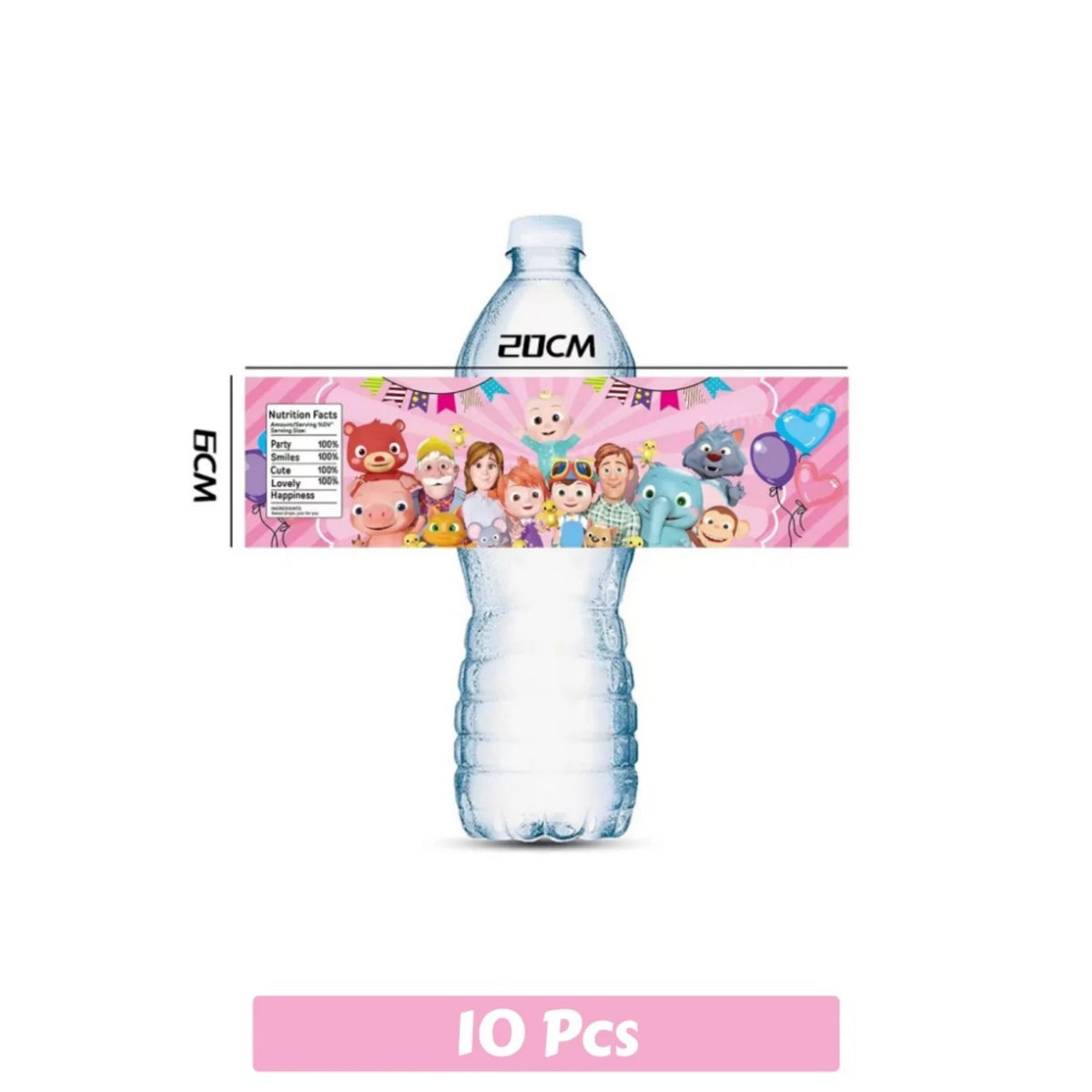A clear plastic bottle filled with water, packaged as a Cocomelon party supplies kit.