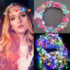 A woman wearing a glowing flower wreath headband with 10 LEDs, shown alongside the product.