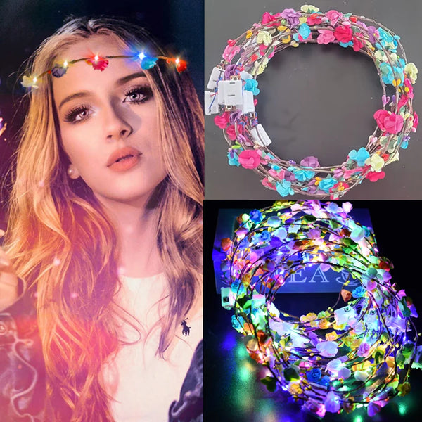 A woman wearing a glowing flower wreath headband with 10 LEDs, shown alongside the product.