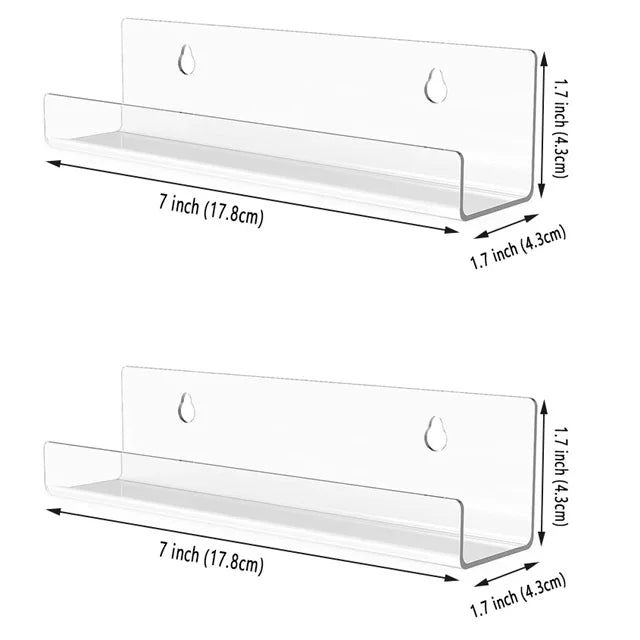 A clear acrylic vinyl record display shelf with a 7-inch length and 1.7-inch depth.