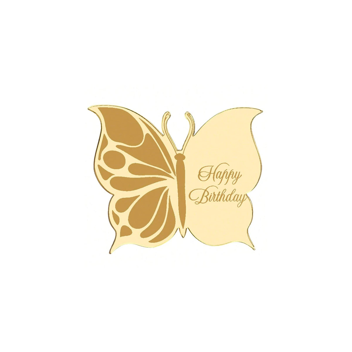 A golden butterfly shape with happy birthday text on a clear acrylic topper.