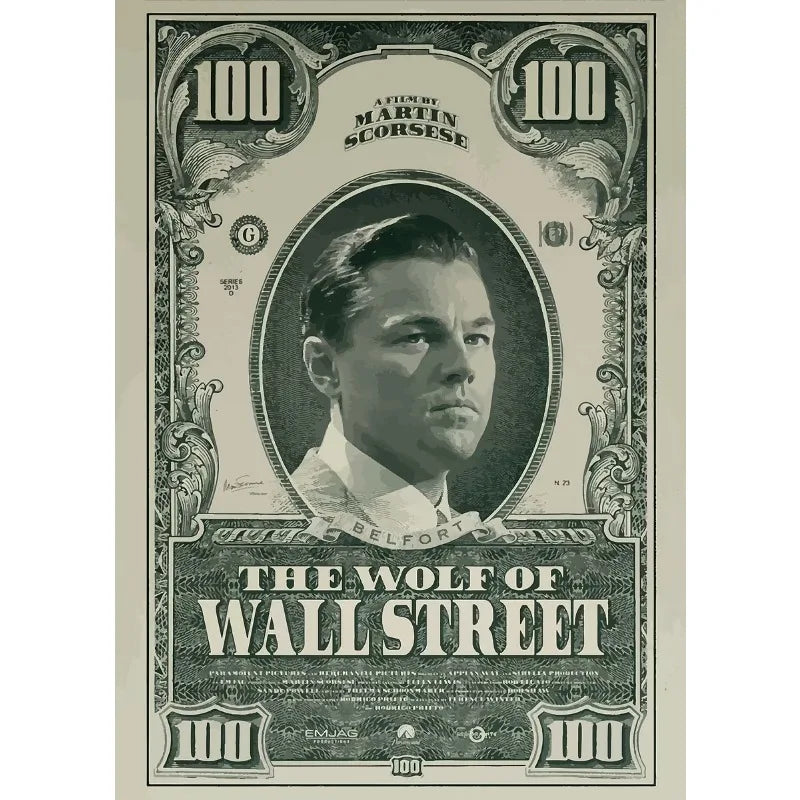 A vintage $100 bill featuring Martin Scorsese and the title The Wolf of Wall Street
