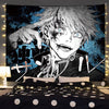 Anime tapestry wall hanging featuring a stylized illustration of Gojo Satoru with spiky white hair and blue eyes.