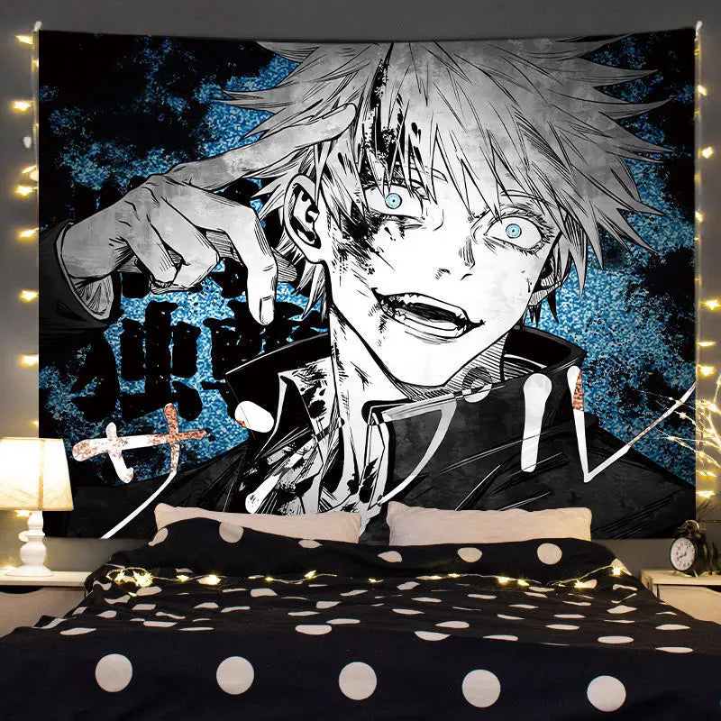 Anime tapestry wall hanging featuring a stylized illustration of Gojo Satoru with spiky white hair and blue eyes.