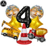 Eight construction truck foil balloons in yellow and orange for birthday party decor