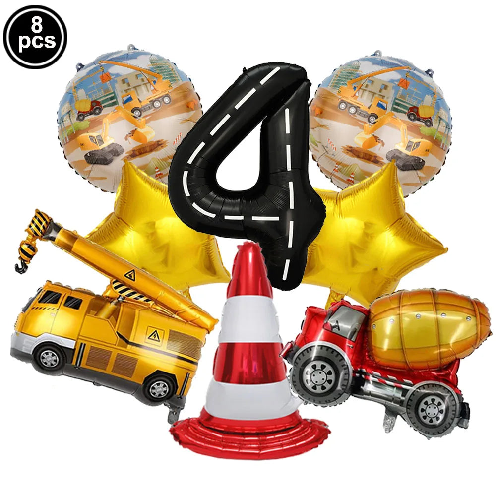 Eight construction truck foil balloons in yellow and orange for birthday party decor
