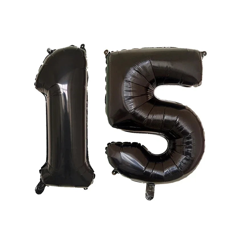 Black helium foil number balloons spelling out fifteen
