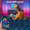 A man is using a smartphone to control an RGB smart lamp system, showing various modes like Music, Rhythm, Style, and Timer.