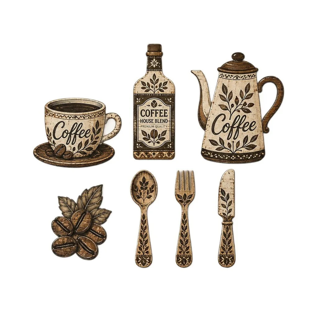 A set of vintage wooden coffee utensils including a bottle, teapot, spoon, and fork.