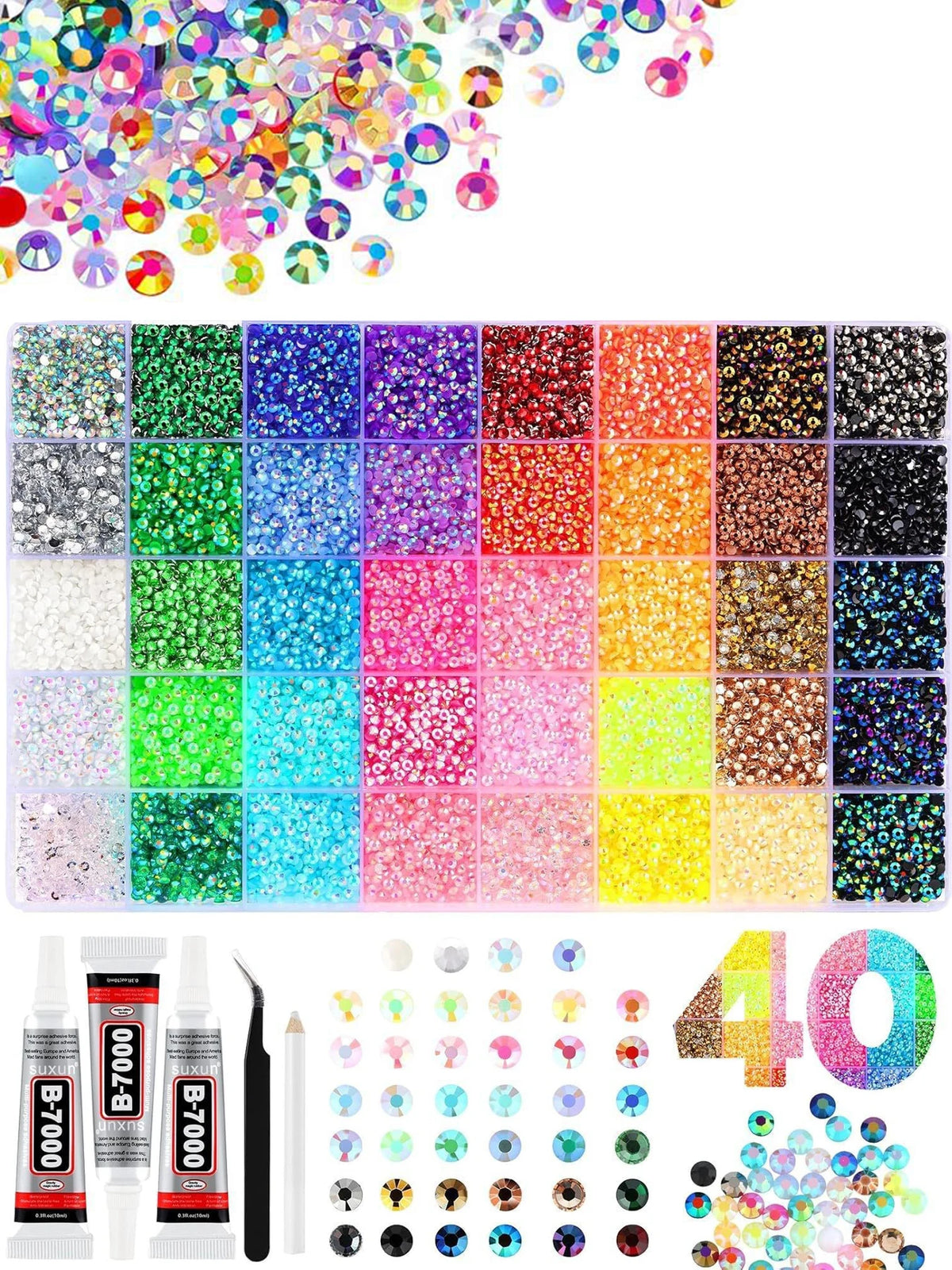 A collection of colorful resin rhinestones and flatback gems for DIY crafts, including various colors and sizes.