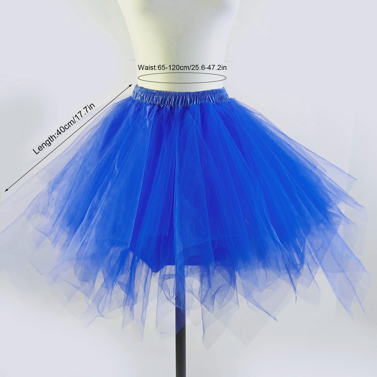 A bright blue tulle tutu skirt displayed on a mannequin, showing the waist measurement.
