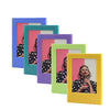 A row of five magnetic double-sided photo frames in various shades of purple, blue, green, and yellow.