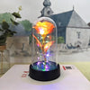 An eternal rose LED night light glows with a warm orange light inside a glass bulb on a black base.