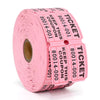 Pink roll of tearable raffle tickets with various ticket designs and numbers