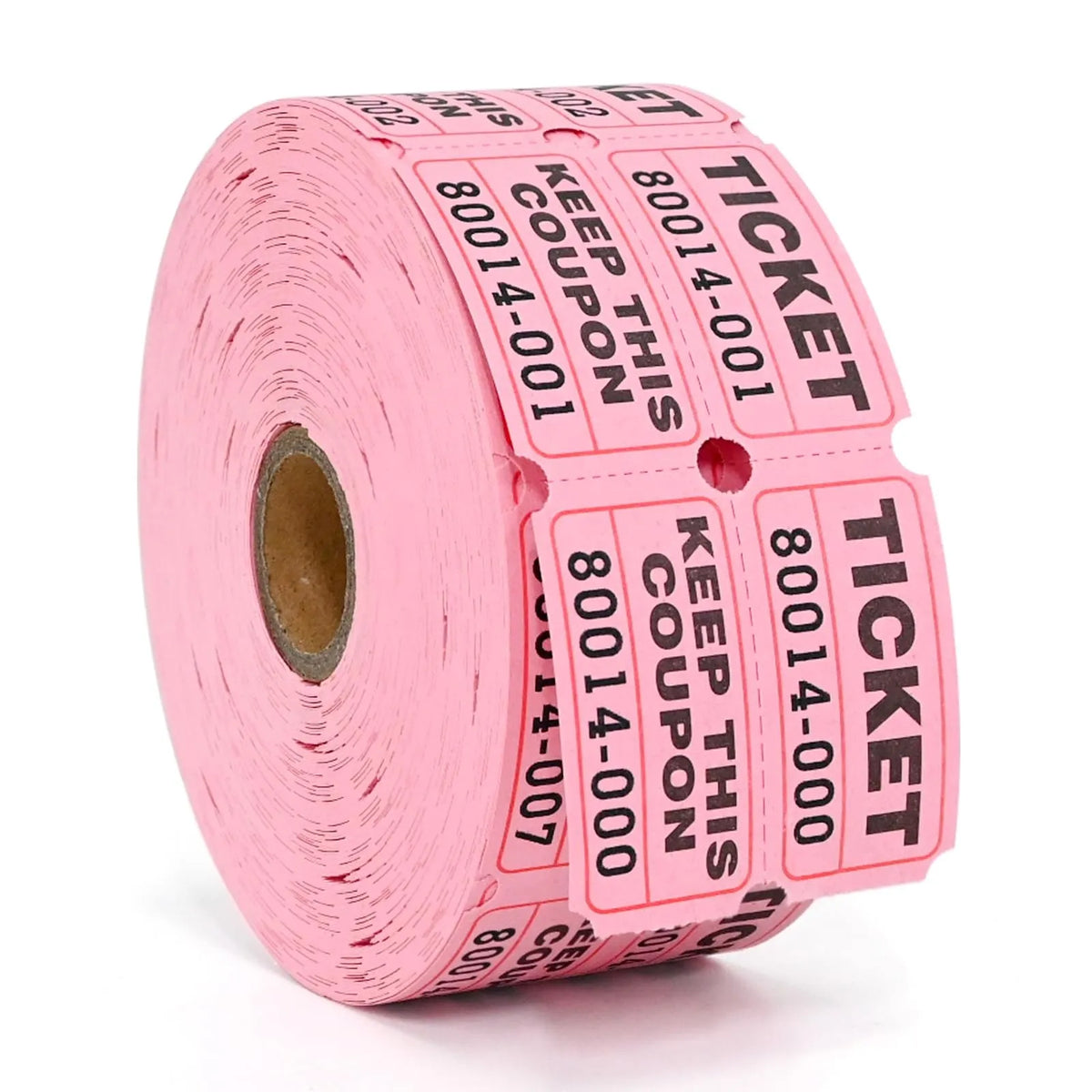 Pink roll of tearable raffle tickets with various ticket designs and numbers
