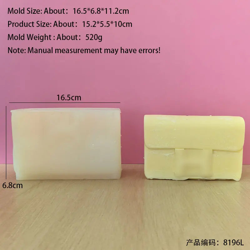 A rectangular block of pale yellow silicone candle mold shown next to its dimensions.