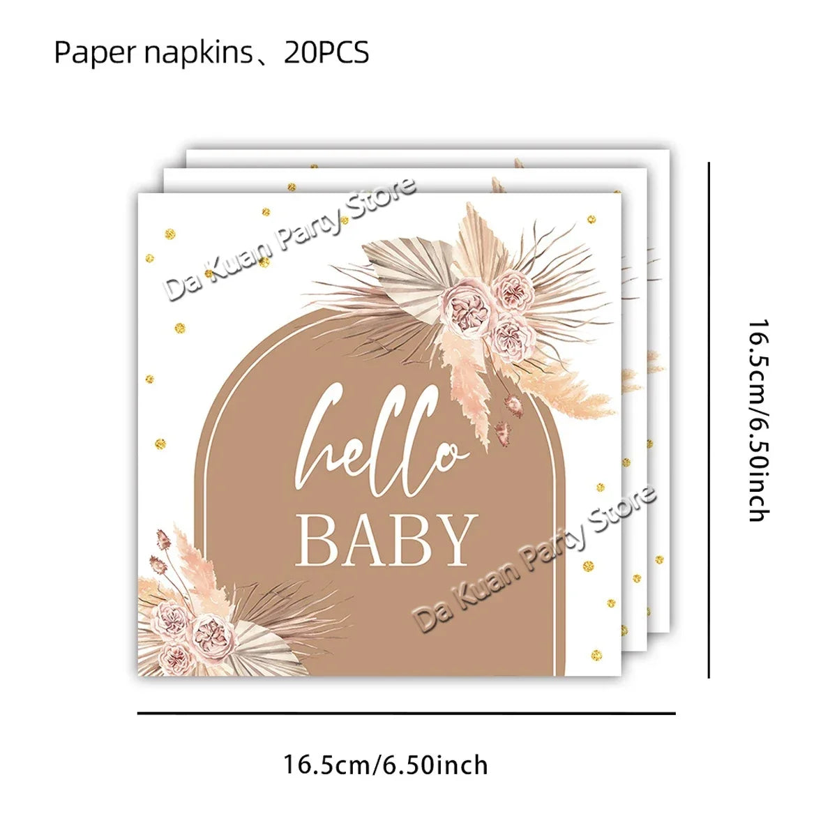 Set of paper napkins with a natural floral design and gold accents for baby showers