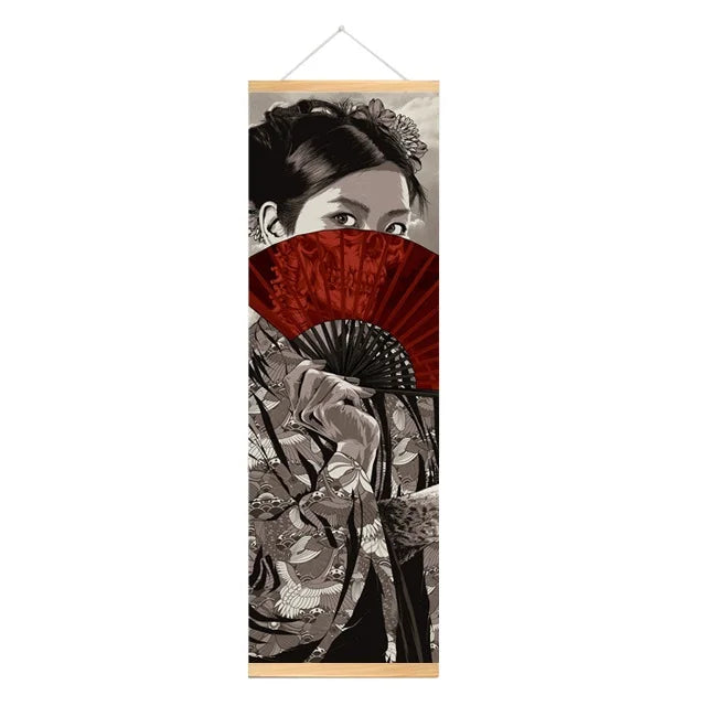 Japanese Samurai Ukiyo-e tiger canvas wall art with a wooden hanging scroll.