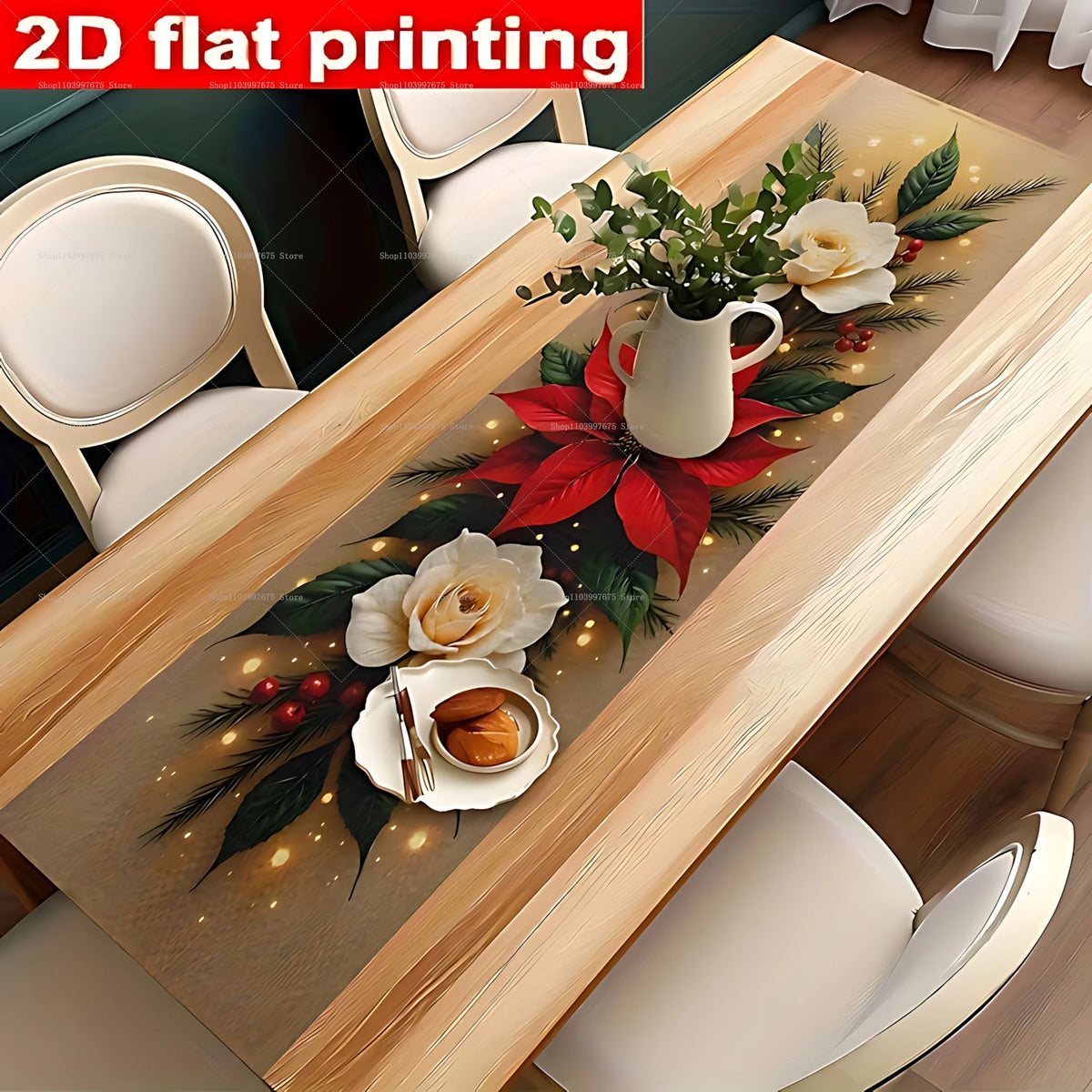 A wooden table runner featuring a festive poinsettia and pine needle print for 2D flat printing.