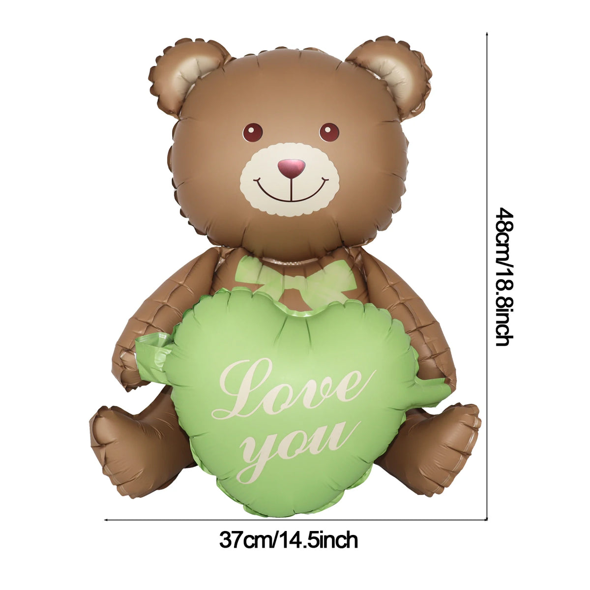 A brown teddy bear foil balloon with a green heart shape displaying the text Love you