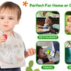 A baby wearing a patterned bib while eating, with various uses shown for home, restaurant, picnic, travel, and disposable ite