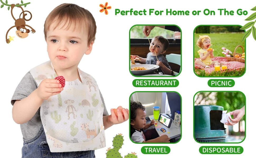 A baby wearing a patterned bib while eating, with various uses shown for home, restaurant, picnic, travel, and disposable ite