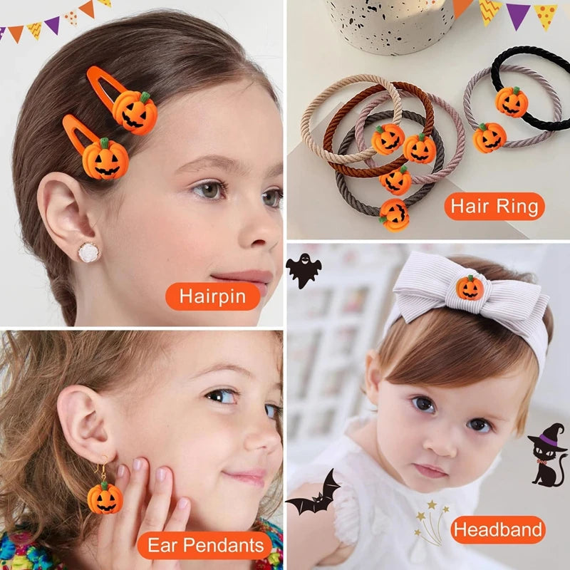 A set of resin pumpkin charms, hairpins, and ear pendants for fall decor.