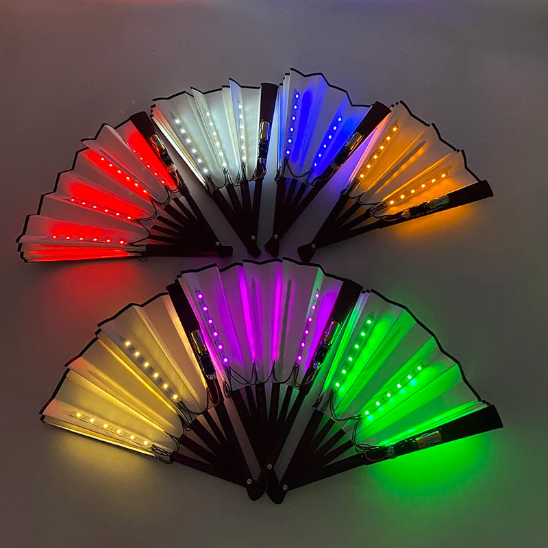 A fan of multi-mode LED lights displaying various colors including red, blue, orange, purple, and green.