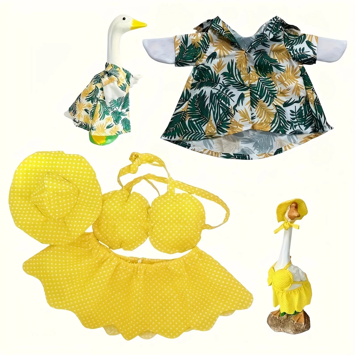 A set of summer lawn decor goose costumes including a white goose figure and a green and gold patterned fabric outfit.