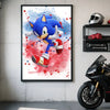 Anime-style movie poster of Sonic the Hedgehog in a dynamic pose with red splatter effects