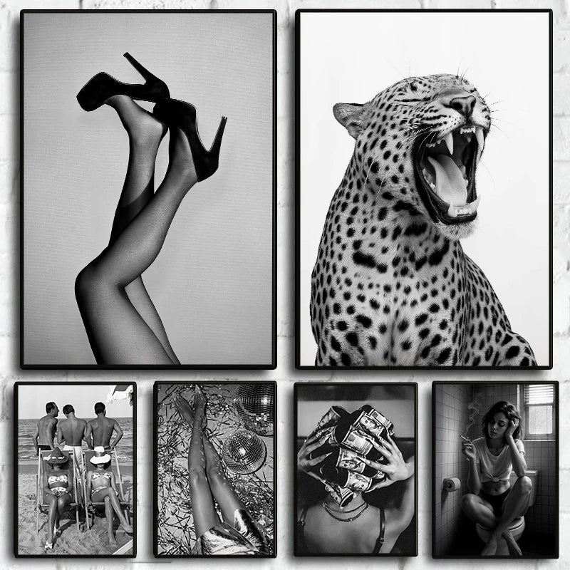 A collage of black and white photographs featuring high heels, a leopard, and people.