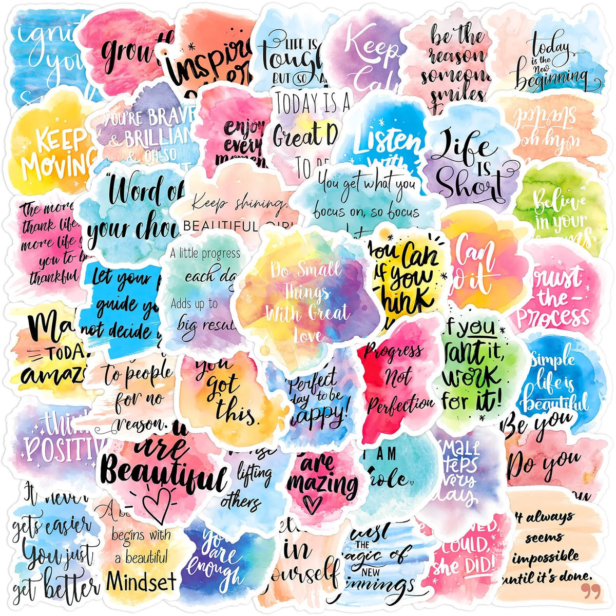 A collection of colorful inspirational quotes and phrases on a white background