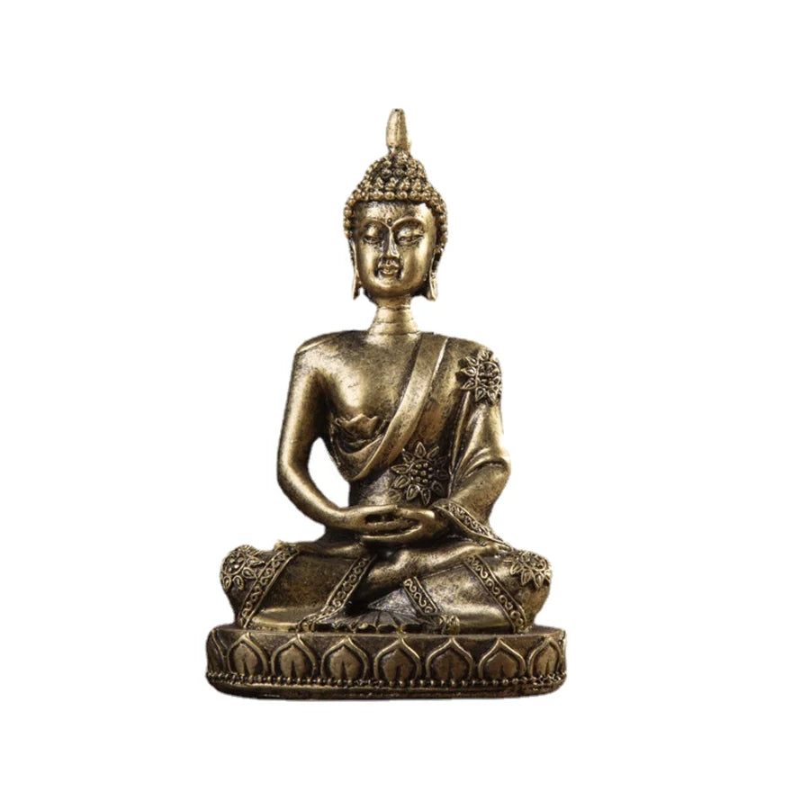 A handcrafted resin figurine of a Buddha statue seated in meditation with a crown.