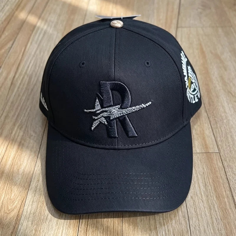 Black embroidered star hip-hop baseball cap with a silver logo on the front