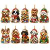 A set of eight Christmas diamond art ornaments featuring dogs in Santa, snowman, and reindeer themes.