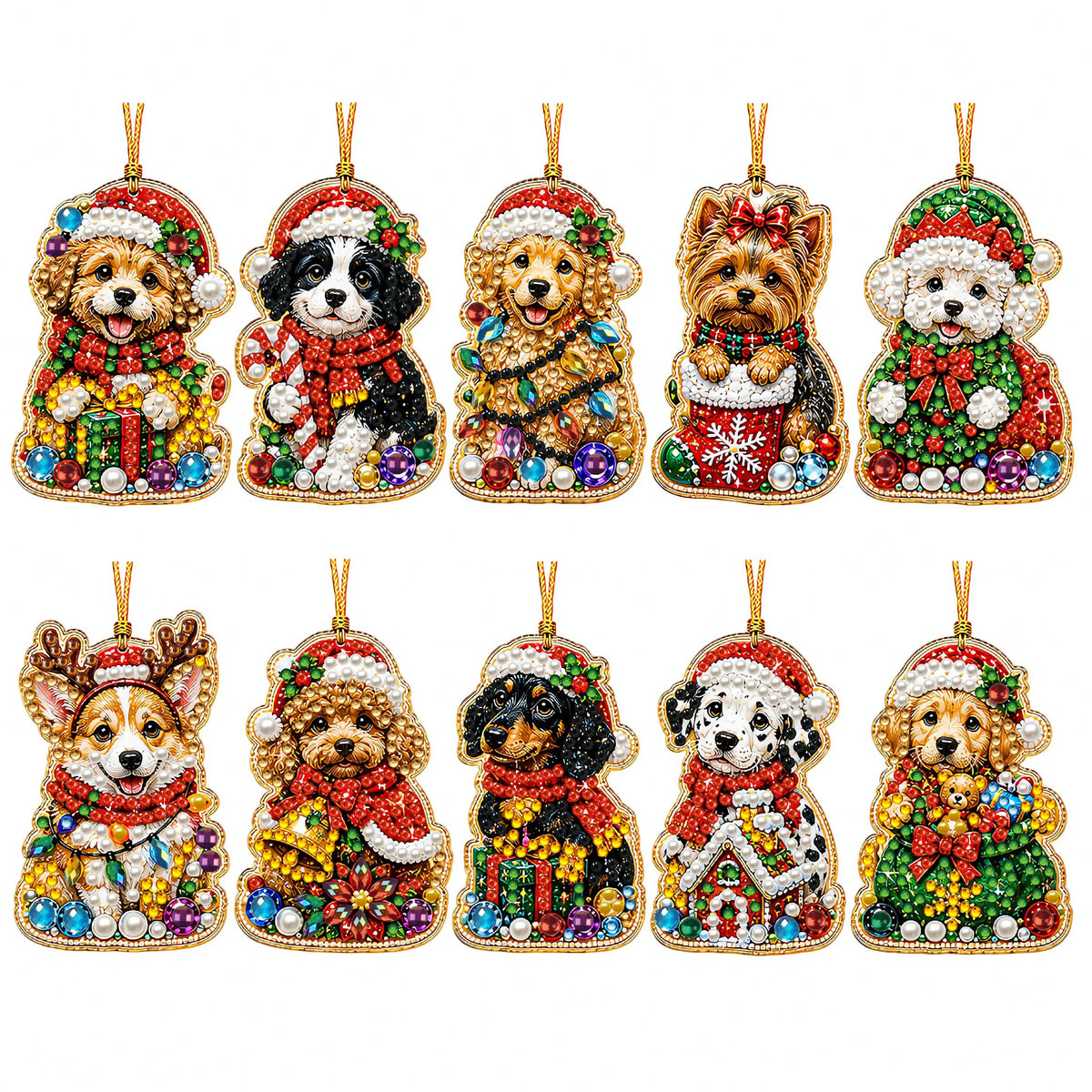 A set of eight Christmas diamond art ornaments featuring dogs in Santa, snowman, and reindeer themes.