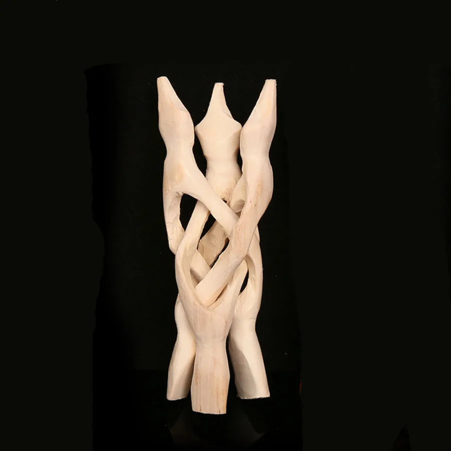 Vintage wooden tripod stand for display featuring intertwined pieces of light-colored wood.